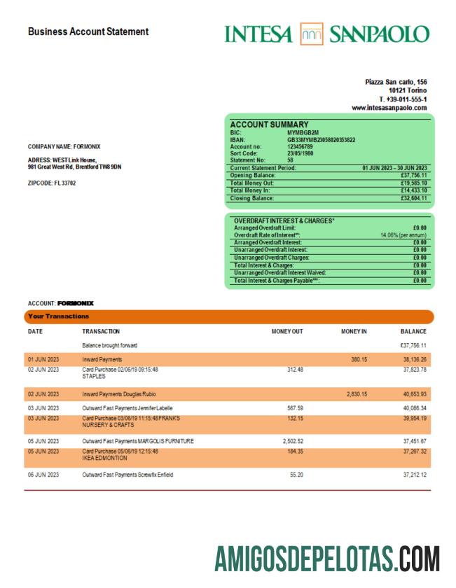 Imprimível Intesa Sanpaolo Bank Enterprise Account Statement Word And PDF model